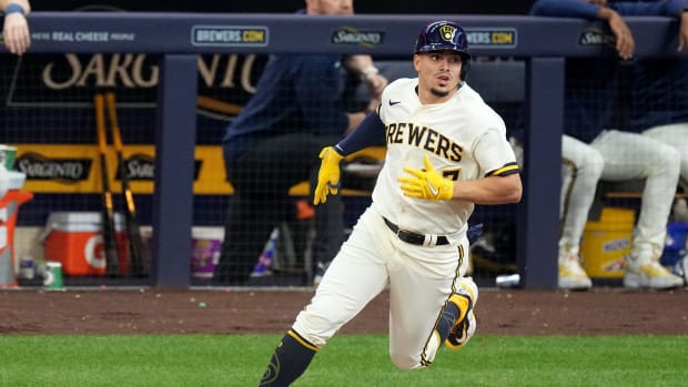 Milwaukee Brewers shortstop Willy Adames (27) watches his double during the fourth inning of their game against the San Francisco Giants Thursday, May 25, 2023 at American Family Field in Milwaukee, Wis.